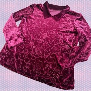 Vintage Velvet Dark Red Peter Pan Collar Rose Print Top